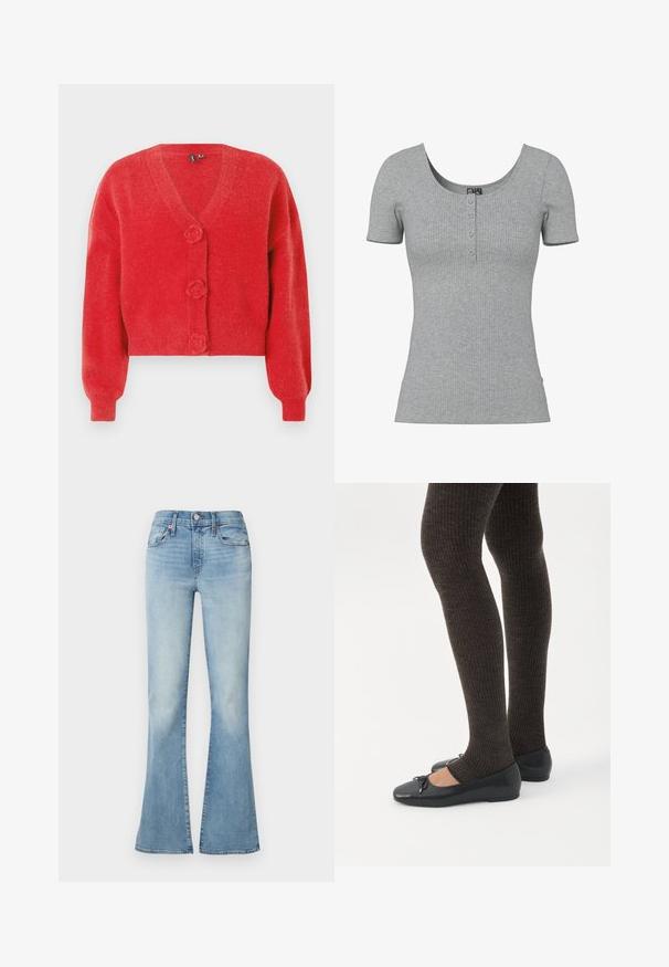 Cardigan rouge avec un col en V, trois boutons décoratifs en forme de fleur et des poignets côtelés. Fabriqué en tissu souple et texturé. Coupe courte.; Haut gris côtelé à manches courtes avec un col rond en U et quatre petits boutons en ligne au centre devant.; Jean flare en denim bleu clair avec fermeture devant par bouton et zip, poches avant et arrière, et légère décoloration subtile sur les cuisses.; Jambes portant des leggings côtelés foncés associés à des ballerines noires avec de petits détails en nœud sur fond blanc.