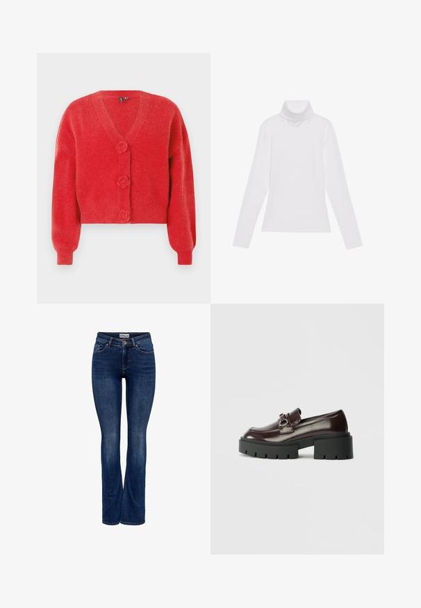 Cardigan rouge avec un col en V, trois boutons décoratifs en forme de fleur et des poignets côtelés. Fabriqué en tissu souple et texturé. Coupe courte.; Haut à col roulé à manches longues blanc, fabriqué en tissu lisse et extensible. Il présente un col haut et une coupe ajustée, sans motifs ni embellissements visibles.; Jean en denim bleu foncé avec un léger délavage, conception à cinq poches, fermeture à bouton et coupe évasée, étiqueté "ONLY" à la taille.; Mocassins en cuir verni bordeaux avec une semelle épaisse noire, présentant un détail de boucle en argent décoratif sur le dessus.