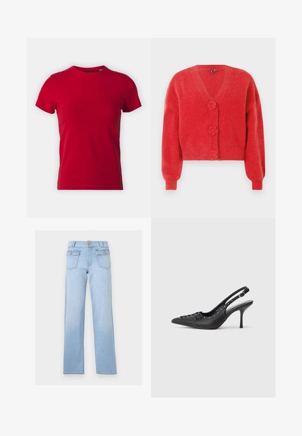 Cárdigan rojo con cuello en V, tres botones decorativos en forma de flor y puños de canalé. Hecho de tela suave y texturizada. Corte cropped.; Camiseta de algodón roja con mangas cortas y cuello redondo. Textura suave, corte clásico, sin patrones visibles ni acentos de hardware.; Vaqueros azules claros de talle alto y pierna recta con cierre frontal de botones y bolsillos con solapa y botones sobre un fondo blanco.; Sandal de tacón stiletto negro de cuero con punta afilada, correa lateral con hebilla, tachuelas a lo largo del borde y cordones decorativos en la parte delantera.