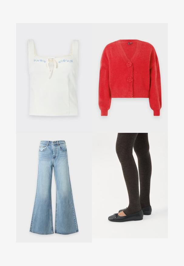 Cardigan rouge avec un col en V, trois boutons décoratifs en forme de fleur et des poignets côtelés. Fabriqué en tissu souple et texturé. Coupe courte.; Crop top blanc sans manches avec encolure carrée, lien à l'avant et délicate broderie florale bleue sur le haut de la poitrine.; Jean bleu clair à jambes larges en denim avec fermeture à bouton et fermeture éclair à l'avant, passants de ceinture et poches avant, présenté sur un fond uni.; Jambes portant des leggings côtelés foncés associés à des ballerines noires avec de petits détails en nœud sur fond blanc.