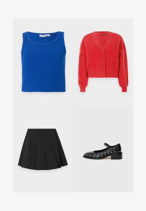 Cardigan rouge avec un col en V, trois boutons décoratifs en forme de fleur et des poignets côtelés. Fabriqué en tissu souple et texturé. Coupe courte.; Haut court côtelé bleu sans manches avec encolure ronde et étiquette de la marque à l'intérieur du col.; Mini-jupe plissée noire avec une large ceinture, des plis verticaux espacés uniformément et un ourlet légèrement évasé.; Chaussure Mary Jane en cuir noir avec un bout arrondi, accents de clous argentés, bride ajustable à la cheville et un petit talon carré.