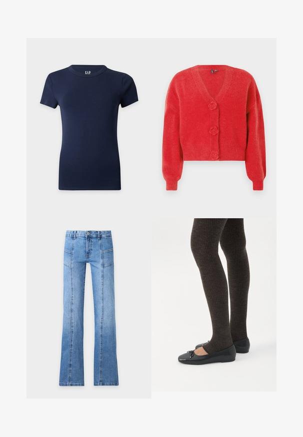 Cardigan rouge avec un col en V, trois boutons décoratifs en forme de fleur et des poignets côtelés. Fabriqué en tissu souple et texturé. Coupe courte.; T-shirt ajusté bleu marine à manches courtes avec col rond sur un fond uni clair.; Jean en denim bleu clair avec taille haute, bouton devant, fermeture éclair, détails de coutures et jambes légèrement évasées sur un fond uni.; Jambes portant des leggings côtelés foncés associés à des ballerines noires avec de petits détails en nœud sur fond blanc.
