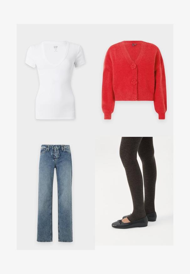 Cardigan rouge avec un col en V, trois boutons décoratifs en forme de fleur et des poignets côtelés. Fabriqué en tissu souple et texturé. Coupe courte.; T-shirt blanc ajusté à manches courtes avec un col en V profond et un petit logo GAP imprimé à l'intérieur de l'encolure.; Jean en denim bleu avec jambes droites et fermeture avant à lacets avec œillets en métal, présenté sur un fond blanc.; Jambes portant des leggings côtelés foncés associés à des ballerines noires avec de petits détails en nœud sur fond blanc.