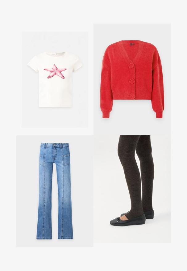 Cardigan rouge avec un col en V, trois boutons décoratifs en forme de fleur et des poignets côtelés. Fabriqué en tissu souple et texturé. Coupe courte.; T-shirt blanc à manches courtes avec un grand motif d'étoile de mer rose centré à l'avant.; Jean en denim bleu clair avec taille haute, bouton devant, fermeture éclair, détails de coutures et jambes légèrement évasées sur un fond uni.; Jambes portant des leggings côtelés foncés associés à des ballerines noires avec de petits détails en nœud sur fond blanc.