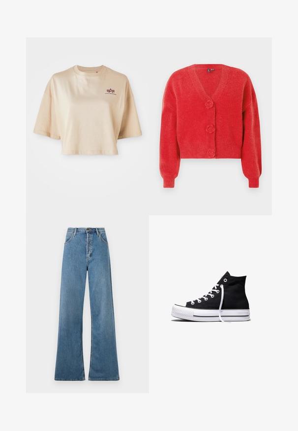Rode cardigan met een V-hals, drie decoratieve knopen in de vorm van bloemen en geribbelde manchetten. Gemaakt van zachte, getextureerde stof. Cropped fit.; Beige cropped t-shirt van katoen, met korte mouwen, een ronde halslijn en een bordeauxrode logoafdruk op de linkerborst.; Lichtblauwe wijde jeans met een hoge taille, met voorzakken en een ritssluiting, weergegeven tegen een witte achtergrond.; Zwarte hooggesloten canvas sneaker met witte rubberen zool en witte veters, zijwaarts weergegeven op een witte achtergrond.