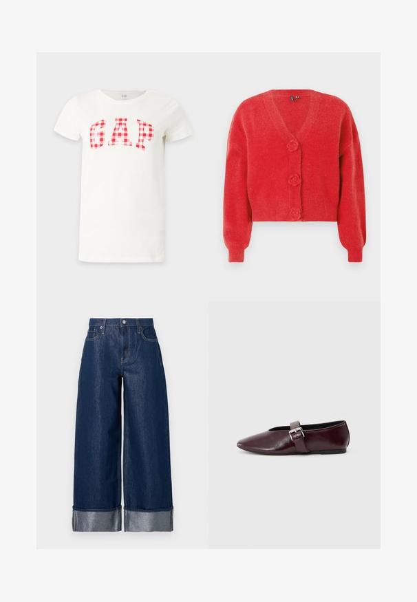 Cardigan rouge avec un col en V, trois boutons décoratifs en forme de fleur et des poignets côtelés. Fabriqué en tissu souple et texturé. Coupe courte.; T-shirt blanc à manches courtes avec un motif à carreaux rouges et blancs formant le mot GAP sur la poitrine.; Jean large en denim bleu foncé à taille haute, design à cinq poches, et revers pliés dévoilant le tissu intérieur plus clair.; Ballerines en cuir bordeaux avec un bout pointu, une semelle plate et une sangle décorative avec boucle sur le cou-de-pied. Texture lisse et brillante.