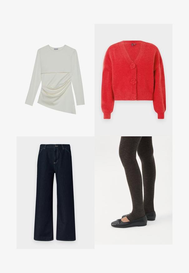 Red cardigan with a V-neck, three decorative flower-shaped buttons, and ribbed cuffs. Made from soft, textured fabric. Cropped fit.; Long-sleeve cream top with a round neckline, featuring a layered design and gathered detail on the lower section. Soft fabric with a smooth texture.; Dark blue wide-leg denim jeans with front button, visible stitching, and belt loops, shown on a plain background.; Legs wearing dark ribbed leggings paired with black ballet flats featuring small bow details on a white background.