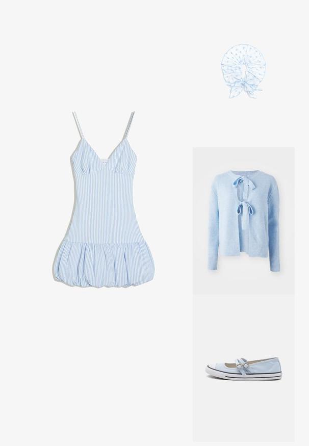 Pull en maille côtelée bleu clair avec un col rond, ouverture à l'avant avec lien de fermeture et manches longues. Texture douce avec une coupe décontractée.; Robe sans manches à rayures verticales bleu clair et blanc, avec des bretelles spaghetti et un ourlet bouffant froncé.; Chaussure en toile bleu clair avec deux bandes à boucle, bout en caoutchouc blanc et semelle à rayures noires. Présente un design à profil bas avec un intérieur rembourré.; Col en tissu bleu clair à pois avec des volants et un nœud à nouer à l'avant, conçu comme un accessoire décoratif pour le cou.