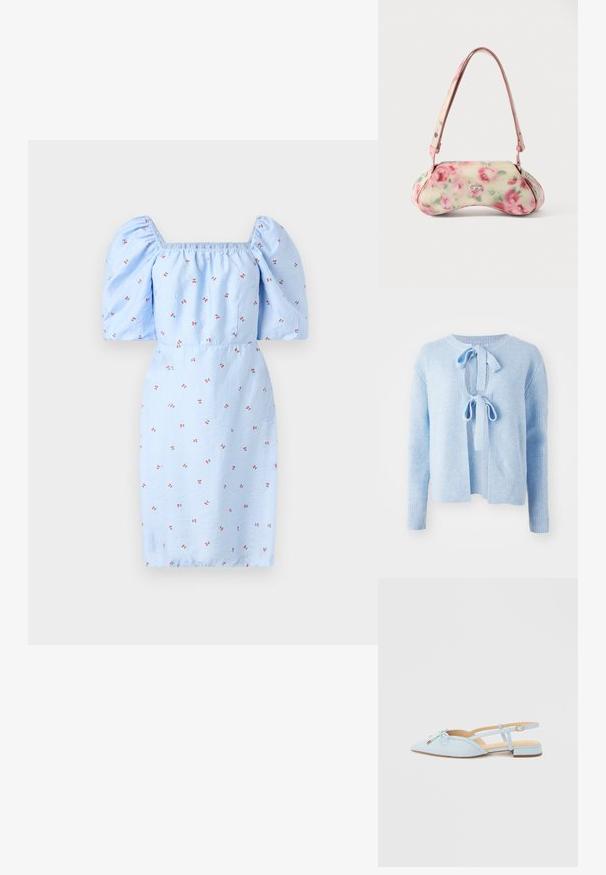 Lys blå ribbet sweater med rund halsudskæring, frontåbning med snørelukning og lange ærmer. Blød tekstur med en afslappet pasform.; Blå kjole med puffærmer, firkantet udskæring og blomsterdesign med små røde blomster på et tekstureret stof. Tæt siddende i taljen.; Lyseblå slingback flad sko med spids tå, sløjfedetalje og guldfarvede accenter, med lav blokhæl og justerbar rem.; Håndtaske med blomstermønster og buet form, primært cremefarvet med pink roser, med en pink rem og en sølvfarvet logo-detalje. Glat tekstur.