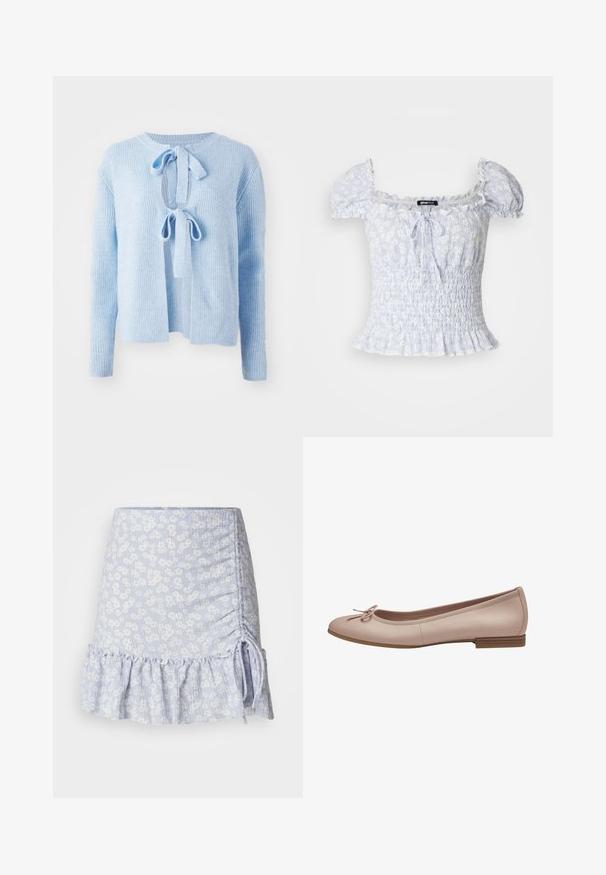 Suéter de canalé azul claro con escote redondo, apertura frontal con cierre atado y mangas largas. Textura suave con un ajuste relajado.; Blusa de estampado floral en azul claro con mangas cortas abullonadas, cuerpo fruncido y cuello y dobladillo con volantes. Presenta un lazo en la parte delantera.; Falda mini de color azul claro con un patrón floral, detalle fruncido en el lateral y un dobladillo con volantes. Tejido texturizado con acentos de cordón.; Bailarinas de cuero rosa claro con punta redonda, pequeño tacón marrón y un lazo decorativo en la parte delantera. Textura suave y diseño sencillo.