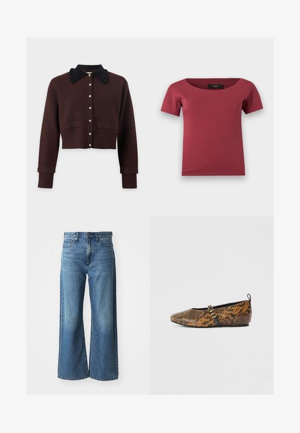 Cardigan marron foncé à manches longues avec col à volants noir, boutons en perles sur le devant, deux poches avant et poignets et ourlet côtelés.; Haut pour femmes à manches courtes, de couleur rose foncé, avec un large décolleté en arrondi et une coupe ajustée, posé à plat sur un fond blanc.; Jean en denim bleu à jambes larges avec une taille mi-haute, cinq poches et un léger dégradé. Caractéristiques : passants de ceinture et détails cousus.; Ballerine en simili motif peau de serpent avec des nuances de brun et de noir. Dotée d'une bride noire et d’un détail en métal doré. Texture lisse.
