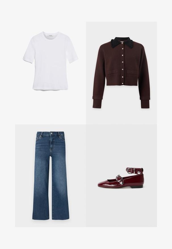 Donkerbruine cardigan met lange mouwen, zwarte geplooide kraag, parelknopen aan de voorkant, twee voorzakken en geribbelde boorden en zoom.; Witte korte mouwen t-shirt van ribstof. Ronde halslijn, normale pasvorm en subtiele stiksels. Geen patronen of grafische elementen.; Wijde spijkerbroeken met een medium blauwe wassing, voorzien van een knoop- en ritssluiting, vijf zakken en subtiele stiksel details.; Bordeaux gepatineerde leren ballerina's met een spitze neus, een enkelbandje met een zilveren gesp en een lage hak. Gladde textuur over de gehele schoen.