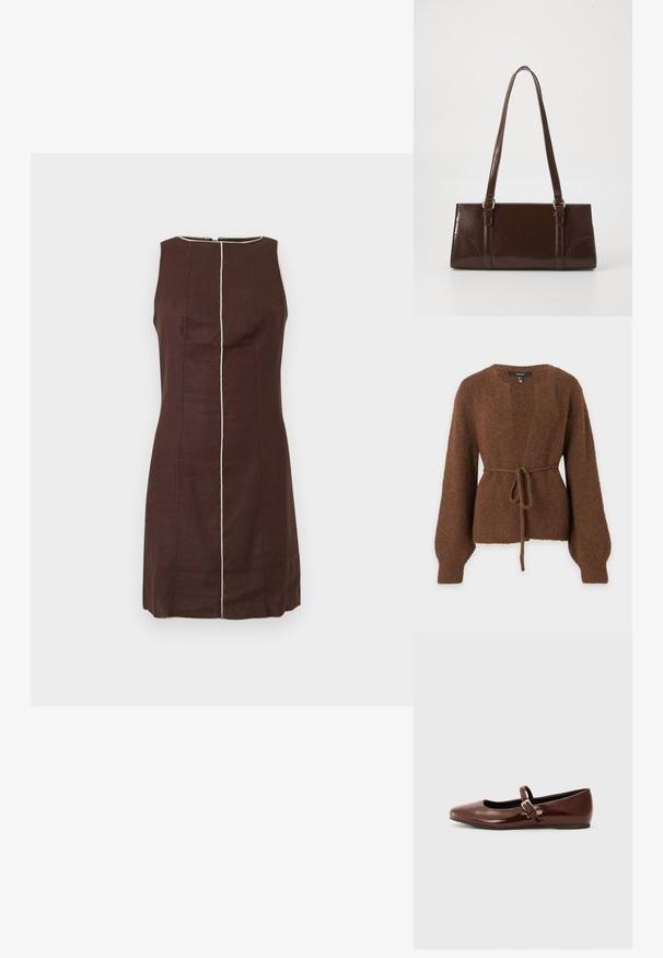 Bruine pluizige gebreide cardigan met lange mouwen, een open voorkant en een gestrikt tailleceintuur tegen een effen lichtgrijze achtergrond.; Mouwloze donkerbruine jurk met beige verticale naaddetails in het midden en rondom de ronde halslijn.; Bruine gepatineerde leren balletschoen met een vierkante neus en een bandje met een kleine gouden gesp. Gladde textuur, lage hak en minimalistisch ontwerp.; Bruine lakleren handtas met een rechthoekige vorm, twee lange handvatten en subtiele gebogen accenten aan de voorkant.