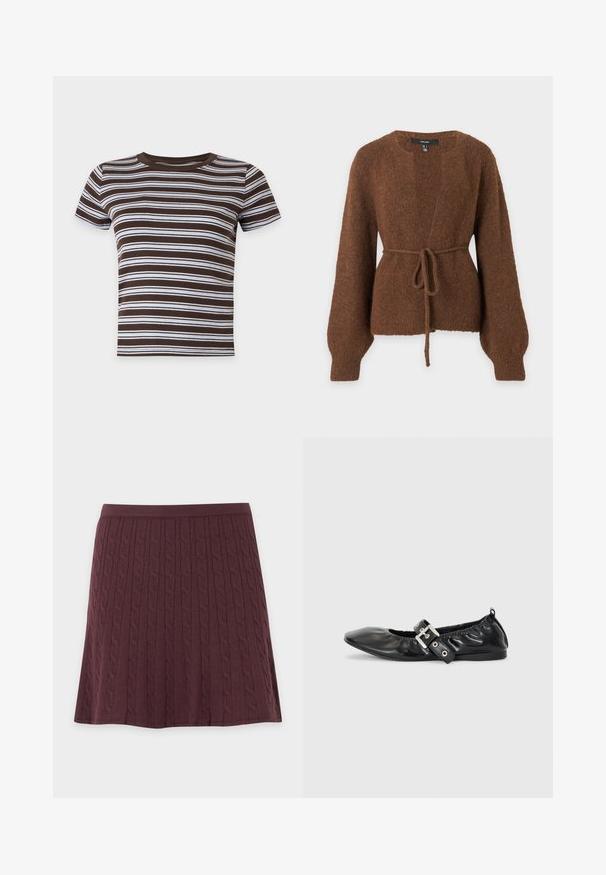 Cardigan marron en maille duveteuse avec manches longues, devant ouvert et ceinture nouée à la taille sur fond gris clair uni.; T-shirt court à manches courtes rayé horizontalement marron et blanc avec un col rond sur fond uni.; Jupe bordeaux tricotée avec motif torsadé, taille cintrée et légère évasée, présentée à plat sur un fond clair.; Chaussure plate en cuir noir avec un nez pointu, des détails froncés autour de l'ouverture et un accent en boucle argentée sur la bride ajustable.