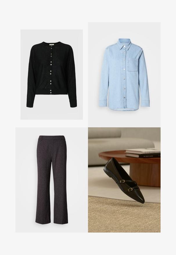 Schwarzer Langarm-Cardigan mit rundem Ausschnitt und einer mittigen Reihe silberner Knöpfe, gerippten Bündchen und Saum.; Himmelblaues Denim-Hemd mit Knopfverschluss, spitzem Kragen, einer Brusttasche und langen Ärmeln mit knöpfbaren Manschetten.; Mos Mosh SVALA - Stoffhose - black; Schwarzer flacher Schuh mit spitzer Zehenpartie und zwei dünnen Schnallenriemen, der über einem beigen Teppich schwebt, mit einem Holzcouchtisch und Büchern im Hintergrund.