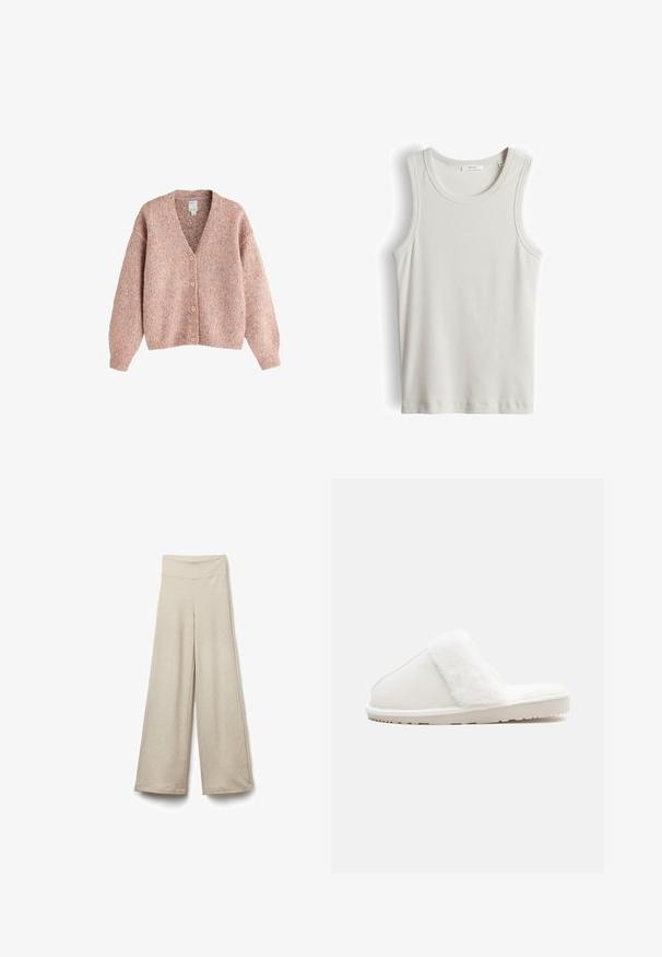 Rosa und mehrfarbig gesprenkelte Strickjacke mit langen Ärmeln und vier Knöpfen vorne, mit V-Ausschnitt und gerippten Bündchen und Saum.; Weißes, ärmelloses Ripp-Top mit rundem Ausschnitt, Größe 36 Etikett, flach auf weißem Hintergrund liegend.; Beige weite Hosen mit einem dehnbaren Bund, die eine gerippte Textur und einen geraden Schnitt aufweisen und oberhalb des Knöchels enden.; Weißer Hausschuh mit einem weichen Kunstfellband, Filzoberteil, gepolsterter Sohle und einer strukturierten Gummisohle für rutschfesten Halt. Einfaches, rundes Design.
