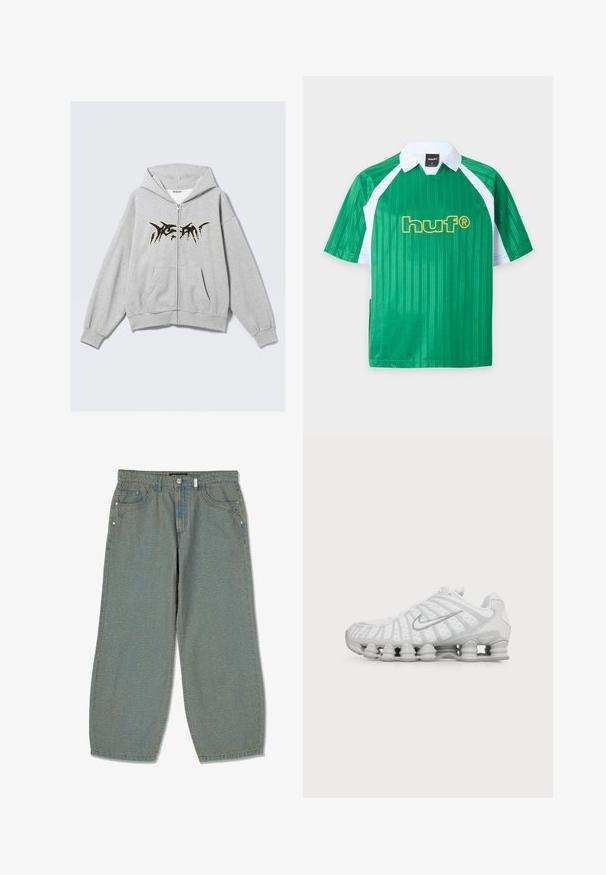 Lysegrå hættejakke med lynlås, med sort abstrakt mønster på brystet, forlommer samt ribbede manchetter og kant.; Grøn kortærmet sports shirt med hvid krave og sidepaneler, med gult "huf®" tekstlogo på fronten.; Lyseblå bredbenede jeans lavet af denim med fem lommer, kontrasterende syninger og en subtil tekstur gennem hele stoffet.; Hvid Nike løbesko med synlig luftstøbt sål og sølv swoosh-logo på siden, vist fra ydersiden.