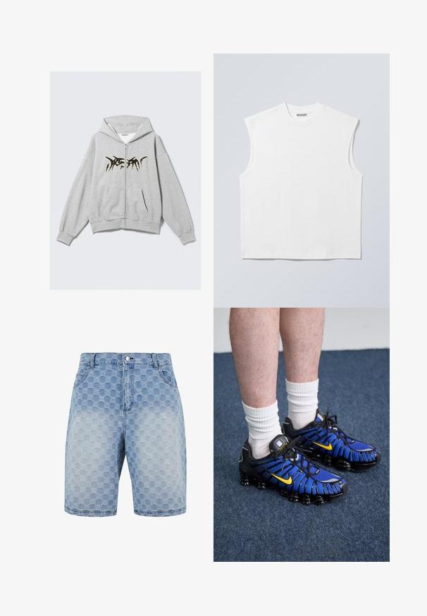 Lichtgrijze hoodie met rits, voorzien van een zwart abstract ontwerp op de borst, voorzakken en geribbelde manchetten en zoom.; Wit mouwloos katoenen top met ronde hals en gestructureerde schouders, met het merk "WEEKDAY" op het label in de kraag, afgebeeld op een lichtgrijze achtergrond.; Lichtblauwe denimshorts met een gestructureerd patroon van overlappende cirkels. Bevat vijf zakken en een klassieke knoop- en ritssluiting.; Blauwe en zwarte sport schoenen hebben een mesh ontwerp, gele accenten en een gesegmenteerde zool. Gedragen met witte crew sokken.