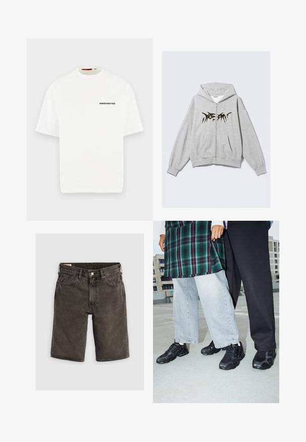 Sweat à capuche gris clair zippé avec un motif abstrait noir sur la poitrine, des poches avant, et des poignets et ourlet côtelés.; T-shirt blanc à manches courtes avec col rond et le mot « PROHIBITED » imprimé en petites lettres noires sur la poitrine gauche.; Shorts en denim gris foncé avec une coupe classique, dotés de cinq poches, d'un bouton de fermeture et d'une ceinture structurée. Texture douce, design épuré.; Baskets de sport noires avec des accents en mesh et en caoutchouc. Portées avec un jean large gris clair et un haut à carreaux vert. Fond à surface plane.