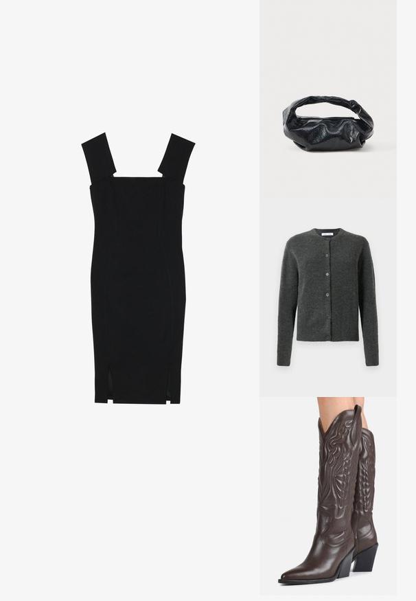 Mørkegrå knap-åben cardigan med lange ærmer og rund halsudskæring, lavet af blødt struktureret strikstof.; Sort bodycon kjole med firkantet udskæring, brede stropper og sidespalter; lavet af glat stof med en tæt siddende silhuet.; Mørkebrune læder cowboystøvler til knæene med spidse tæer, dekorativ syning og skrå blokhæle, båret af en person.; Sort taske lavet af blankt, tekstureret materiale med et cirkulært, snoet håndtag og lynlås. Har et blødt, rynket design.