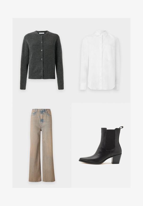 Donkergrijze button-up cardigan met lange mouwen en ronde halslijn, gemaakt van zachte, gestructureerde brei stof.; Witte longsleeve overhemd met knoopsluiting en kraag, voorzien van een borstzak en een subtiel geborduurd ontwerp.; Lichtgekleurde wijde jeans met een hoge taille, gemaakt van denim. Voorzien van subtiele stiksels en vijf zakken, met een licht vervaagde textuur.; Dolce Vita SHADIE - Lage laarzen - black
