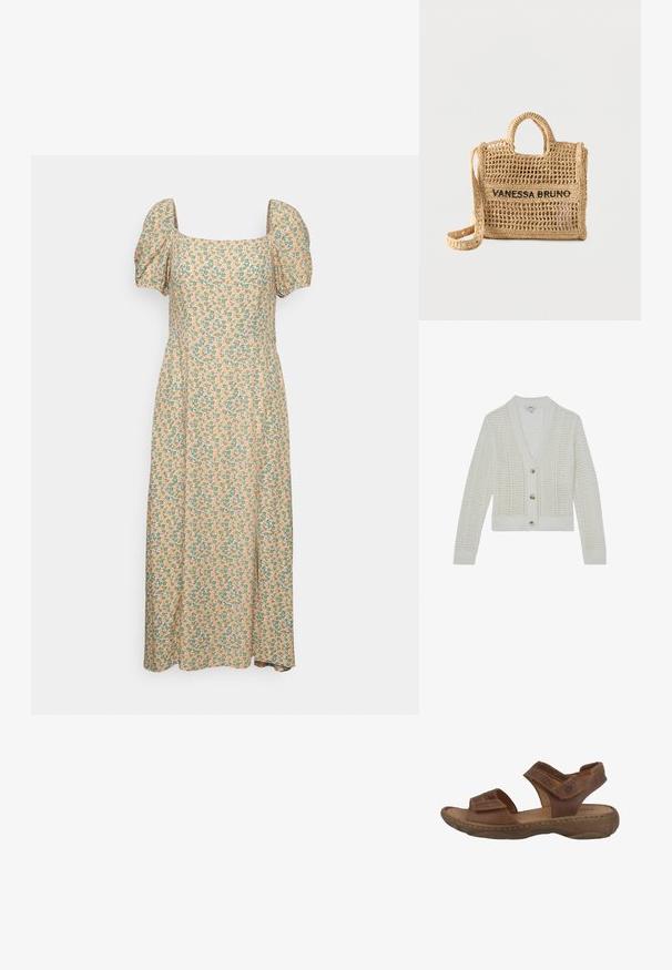 Hvid strikket cardigan med lange ærmer, V-hals, åbent vævemønster og tre beige knapper foran.; Even&Odd Hverdagskjole - green/pink; Brune lædersandaler med en polstret sål, to justerbare stropper og en struktureret gummisål. Har synlige syninger.; Vævet beige håndtaske med to håndtag, lang rem, åben vævning og "VANESSA BRUNO" broderet i sort på forsiden.
