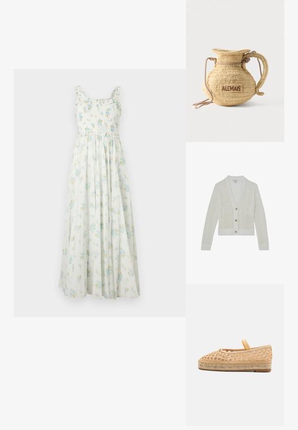 Hvid strikket cardigan med lange ærmer, V-hals, åbent vævemønster og tre beige knapper foran.; Hvid maxi-kjole uden ærmer med smocket liv, flæse stropper og blåt og gult blomsterprint.; Loeffler Randall KAYLA - Espadrilles - natural; Rund flettet stråtaske med håndtag af reb og "ALEMAIS" broderet på siden med brunt garn.