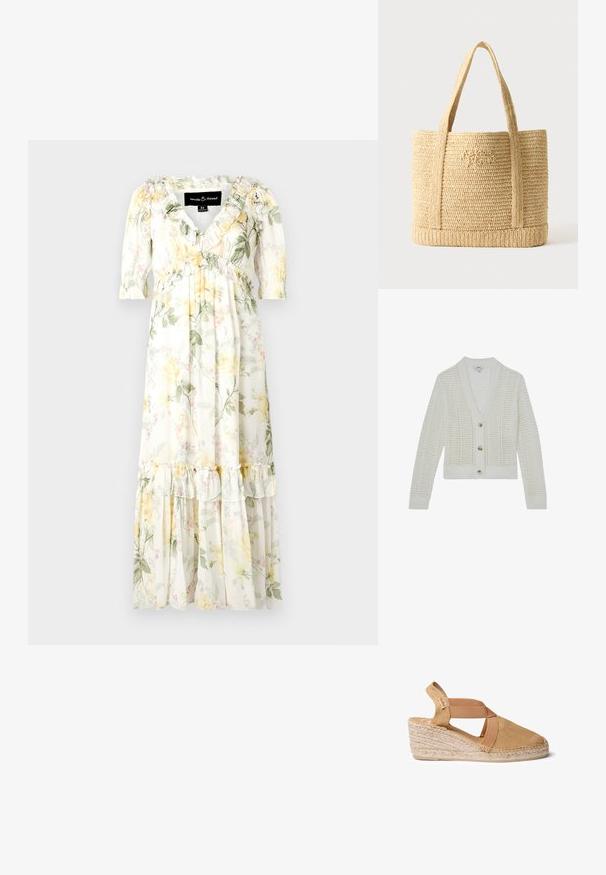 Hvid strikket cardigan med lange ærmer, V-hals, åbent vævemønster og tre beige knapper foran.; Blomstrete maxikjole i blød, letvægtsstof. Har en hvid bund med gule og grønne mønstre, flæser på ærmerne og et lagdelt bund.; Espadrille kile sandal i tan stof med elastiske krydsseler og flettet jute sål. Letvægts med lukket hældesign.; Beige flettet stråtaske med to skulderstropper og subtil kursiv broderi foran, sat mod en ensfarvet baggrund.