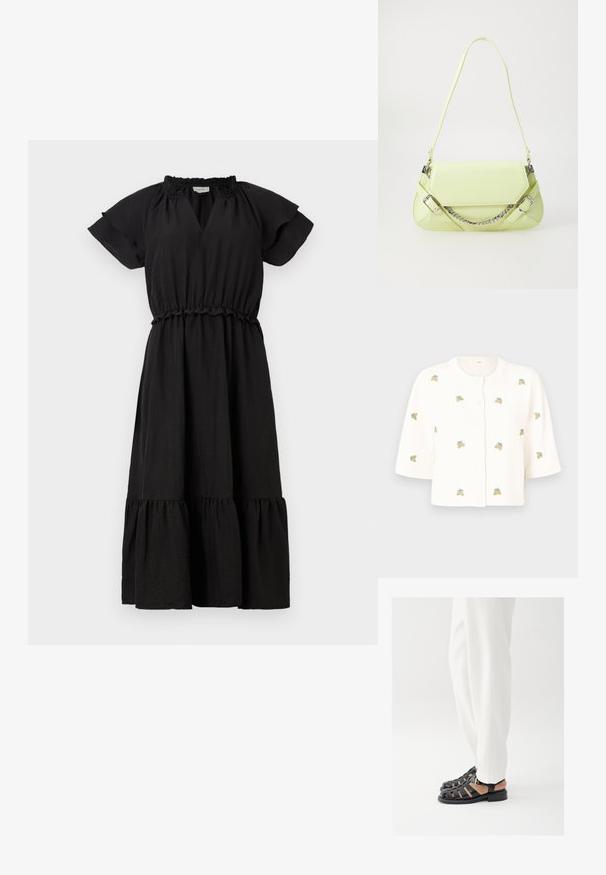 Object OBJTHESS - Vest - cloud dancer/lemon; Zwarte jurk met korte, fladderende mouwen, een V-hals, een elastische tailleband en een gelaagde, gerimpelde rok. Gemaakt van lichtgewicht stof.; Persoon draagt witte broek en zwarte leren open-toe sandalen met gesp, staand op een witte achtergrond.; Limoengroene synthetische handtas met een gladde textuur, een afneembare kettingriem en decoratieve gespen; rechthoekige vorm met taps toelopende zijkanten.