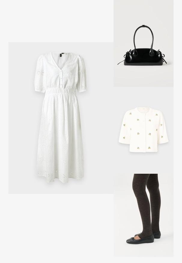 Object OBJTHESS - Cardigan - cloud dancer/lemon; Hvid bomulds kjole med korte puffærmer, V-hals, knaplukning, elastisk talje og blomstret broderet mønster hele vejen igennem.; Ben iført mørke ribbede leggings kombineret med sorte balletsko med små sløjfedetaljer på hvid baggrund.; Lille sort blank håndtaske med to lange håndtag og snøre-detaljer i siden på en ensfarvet lys baggrund.
