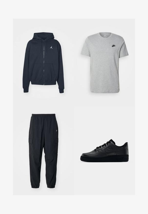 Marineblå hættejakke med lynlås i blødt stof, med kengurulomme, ribbet kant ved ærmerne og et hvidt Jordan-logo på venstre bryst.; Grå kortærmet T-shirt i bomuld med et sort Nike-logo på brystet og rund halsudskæring. Minimalistisk design uden mønstre.; Sorte cargo-bukser lavet af letvægtsmateriale, der har en elastisk talje, sidelommer og en afslappet pasform med elastiske manchetter.; Sort Nike Air Force 1 sneaker med en glat læderoverdel, perforeret tå for åndbarhed, sorte snørebånd og en textured gummisål.