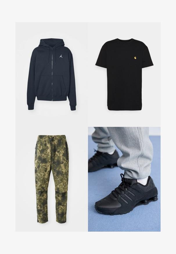 Marineblauer Kapuzenpullover mit Reißverschluss aus weichem Stoff, mit Kängurutasche, gerippten Bündchen und weißem Jordan-Logo auf der linken Brust.; Schwarzes Baumwoll-T-Shirt mit kurzen Ärmeln, Rundhalsausschnitt und einem kleinen gelben Logo im linken Brustbereich. Einfaches Design und normale Passform.; Tarnhosen in verschiedenen Grüntönen mit einem digitalen Muster. Sie verfügen über einen elastischen Bund, einen Kordelzug und seitliche, mit Reißverschluss ausgestattete Taschen.; Person in schwarzen Nike Shox Sneakers und grauen Jogginghosen, der auf einem hellblauen Teppich steht.