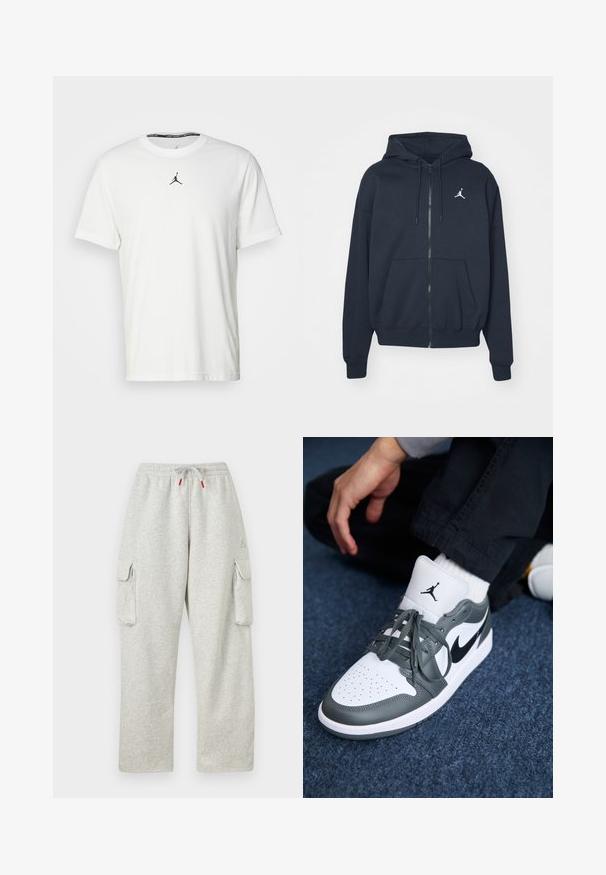 Marineblauwe hoodie met rits van zachte stof, voorzien van een kangoeroezak, geribbelde manchetten en een wit Jordan-logo op de linkerborst.; Witte T-shirt met korte mouwen van katoen, met een zwart Jumpman-logo op de borst en een ronde halslijn met een zwarte binnenlabel.; Lichtgrijze joggingbroek met elastische tailleband, trekkoord met rode uiteinden en grote klepzakken op beide dijen.; Nike Air Jordan 1 sneakers in wit en grijs leer, met een zwart logo, geperforeerde neus en platte grijze veters.