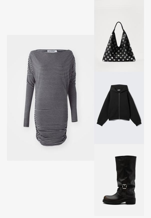 Zwarte hoodie met rits, lange mouwen, voorzakken en capuchon, afgebeeld op een effen lichtgrijze achtergrond.; Gestreepte langemouwen jurk in zwart en grijs. Heeft een ontspannen pasvorm, een ronde halslijn en zijdelingse ruching. Gemaakt van zachte stof.; Hoge zwarte leren laars met afgeronde neus, lage hak, zijgesp en licht ingezakte schacht op een witte achtergrond.; Zwarte leren tas met een driehoekige vorm, voorzien van zilveren metallic stippen en een gestructureerd handvat. Over het algemeen een gladde afwerking.