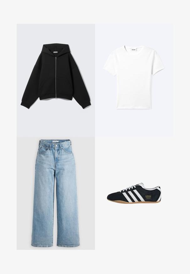 Sudadera negra con cremallera, mangas largas, bolsillos delanteros y capucha, mostrada sobre un fondo liso gris claro.; Camiseta blanca lisa de manga corta con cuello redondo y una pequeña etiqueta "WEEKDAY" dentro del cuello, mostrada extendida sobre un fondo claro.; Vaqueros de pierna ancha de color azul claro con una cintura alta, confeccionados en tejido de denimbre. Presentan un diseño clásico de cinco bolsillos y herrajes metálicos.; Zapatillas de ante negro con tres franjas blancas, logotipo dorado y suela de goma marrón. Presentan un diseño de cordones de perfil bajo.