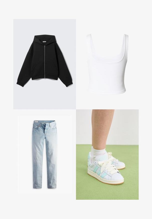 Schwarzer Kapuzenpullover mit Reißverschluss, langen Ärmeln, Fronttaschen und Kapuze, dargestellt auf einem schlichten hellgrauen Hintergrund.; Weißes kurzes Tanktop mit breiten Trägern und quadratischem Ausschnitt aus glattem Stoff.; Hellblaue Jeans aus Denim mit geradem Bein, fünf Taschen und Metallknöpfen am Standardbund.; Weiße Leder-Sneaker mit mintfarbenen Akzenten, rundem Logo und cremefarbenen Schnürsenkeln; strukturierte Gummisohle; kombiniert mit weißen Socken auf grünem Boden.