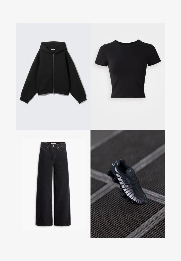 Sort lynlåshoodie med lange ærmer, forlommer og hætte, vist på en ensartet lys grå baggrund.; Sort cropped t-shirt lavet af solid bomuld, med korte ærmer og rund halsudskæring, med et glat og enkelt design.; Sorte brede benjeans lavet af denim, med fem lommer, kobbernitter og en klassisk knaplukning. Glat tekstur med et rent design.; Sort atletisk sko med tekstureret mesh-overdel, sølv accenter, svangstøtte og polstret sål med en fremtrædende segmenteret design.
