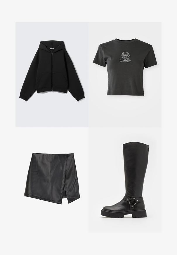 Schwarzer Kapuzenpullover mit Reißverschluss, langen Ärmeln, Fronttaschen und Kapuze, dargestellt auf einem schlichten hellgrauen Hintergrund.; Schwarzes, kurzes T-Shirt mit kurzen Ärmeln, das einen mit Strasssteinen verzierten Cartoon-Pilz und das Wort "LLUMO" darunter zeigt.; Even&Odd Minirock - black; Kniehohe schwarze Lederstiefel mit einem runden Schnallenakzent. Sie verfügen über eine robuste Sohle und eine strukturierte Oberfläche, mit einem glatten Schaft und einem verstellbaren Riemen.