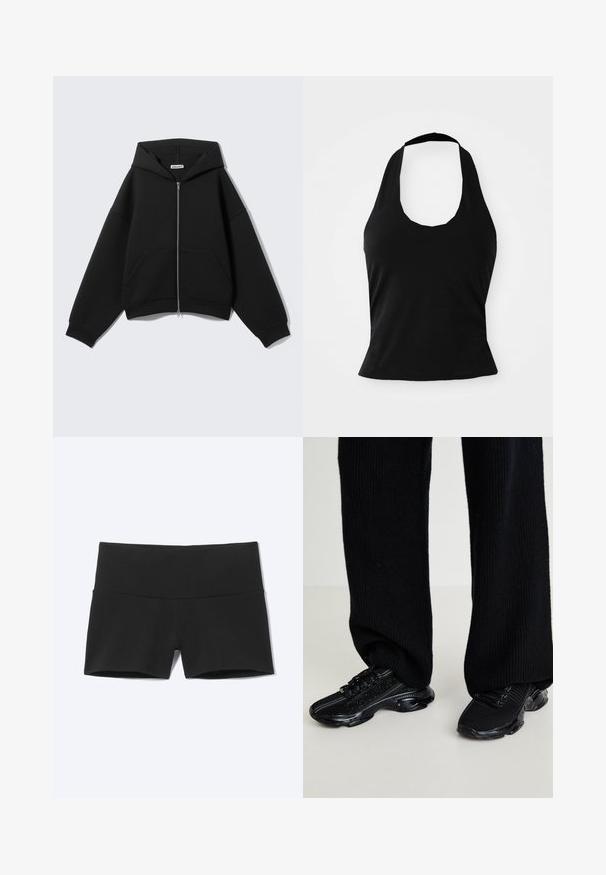 Sweat à capuche zippé noir, manches longues, poches avant et capuche, présenté sur un fond uni gris clair.; Haut halter noir en tissu doux, avec un col rond et une silhouette ajustée, à la texture lisse et sans motifs visibles.; Shorts de sport noirs moulants avec une large ceinture, conçus pour le confort et la flexibilité.; Baskets noires avec une tige en tricot texturé, forme élégante et semelle noire brillante, présentant des accents réfléchissants subtils et un système de laçage.