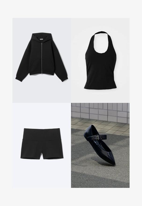 Sweat à capuche zippé noir, manches longues, poches avant et capuche, présenté sur un fond uni gris clair.; Haut halter noir en tissu doux, avec un col rond et une silhouette ajustée, à la texture lisse et sans motifs visibles.; Short de sport noir extensible taille haute avec une large ceinture et une jambe courte sur fond clair uni.; Chaussure plate noire pointue avec une large bride ornée de doubles boucles argentées et œillets, positionnée debout sur l'asphalte près d'un mur carrelé.