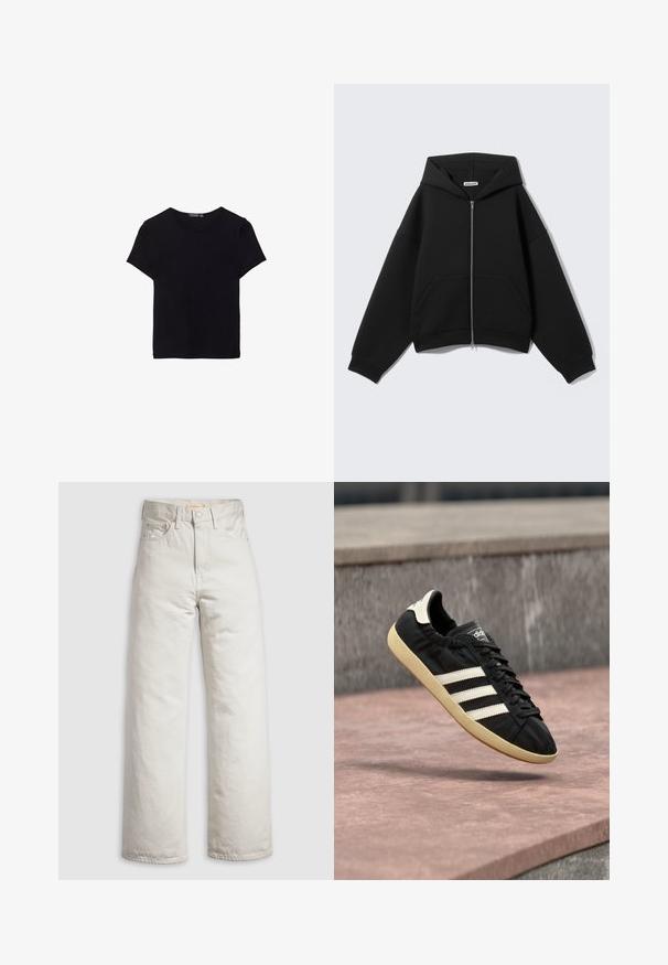 Schwarzer Kapuzenpullover mit Reißverschluss, langen Ärmeln, Fronttaschen und Kapuze, dargestellt auf einem schlichten hellgrauen Hintergrund.; Schwarzes Baumwoll-T-Shirt mit kurzen Ärmeln, Rundhalsausschnitt und einem schlichten Design. Weiche Textur ohne sichtbare Muster oder Akzente.; Elfenbeinfarbene, hoch taillierte Jeans mit geradem Bein, vorne mit Knopf- und Reißverschluss sowie einem Fünf-Taschen-Design vor weißem Hintergrund.; Schwarzer Adidas-Sneaker mit weißen Streifen und beiger Sohle, in der Luft über einer steinernen Oberfläche und mit Steinwand im Hintergrund aufgenommen.