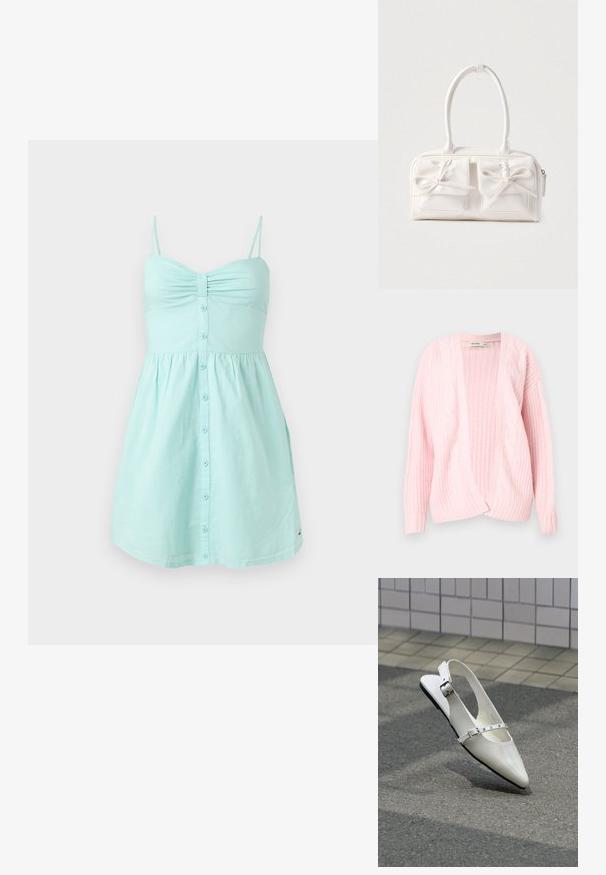 Cardigan tricoté rose clair avec un motif torsadé, ouverture devant, poignets côtelés et texture douce. Convient pour des couches décontractées.; Robe bleu clair sans manches avec fines bretelles, poitrine froncée et détail boutonné sur le devant, longueur au genou avec jupe évasée en A.; Chaussure plate slingback blanche pointue avec deux boucles argentées, présentée en extérieur sur un sol texturé et un mur carrelé en arrière-plan.; Sac à main synthétique blanc avec deux poches avant, chacune ornée d'un nœud noué. Texture lisse, anses arrondies et fermeture zippée.