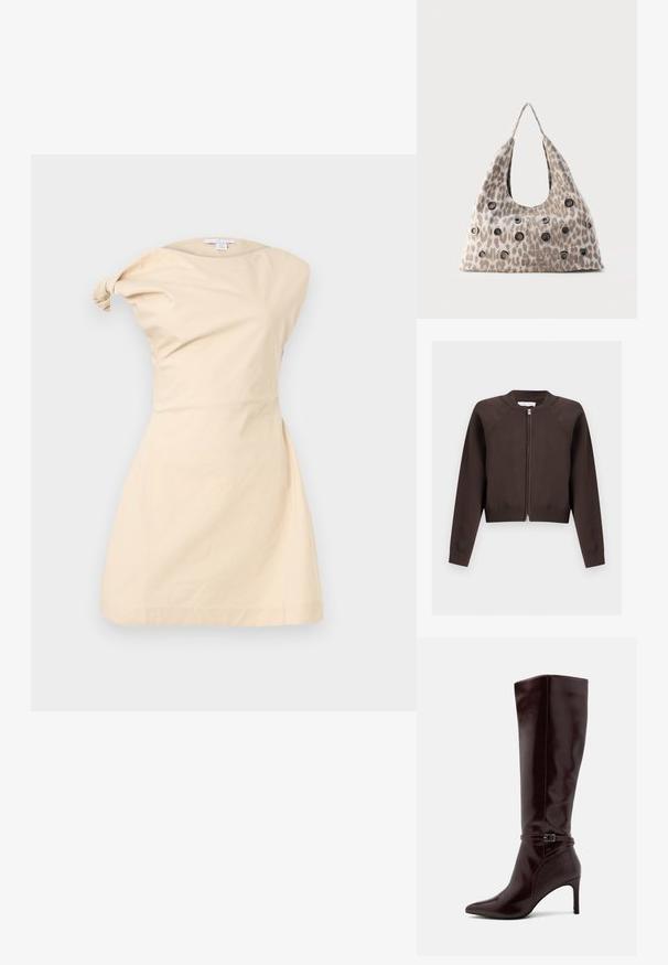 Cardigan marron foncé à manches longues avec fermeture éclair, poignets, col et ourlet côtelés, présenté à plat sur fond blanc.; Robe beige sans manches avec un détail de nœud torsadé asymétrique sur l'épaule gauche et une taille cintrée, présentée sur un fond uni.; Anna Field Bottes - bordeaux; Sac à main imprimé léopard beige avec des œillets métalliques noirs répartis sur le devant et une seule poignée supérieure sur un fond uni.