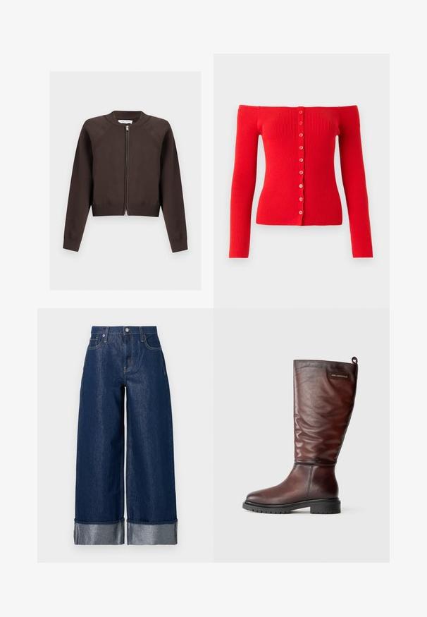 Cardigan marrón oscuro de manga larga con cremallera, puños, cuello y dobladillo acanalados, mostrado extendido sobre un fondo blanco.; Jersey rojo de canalé con escote off-shoulder, mangas largas y cierre frontal con ocho botones a juego a lo largo del centro.; Pantalones vaqueros de mezclilla azul oscuro de pierna ancha con cintura alta, diseño de cinco bolsillos y puños doblados que muestran una tela interior más clara.; Botas de cuero marrón hasta la rodilla con un diseño ligeramente caído, punta redonda y suela gruesa de goma negra texturizada. Presenta un parche con el logo.