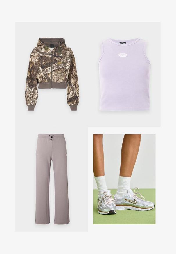 Gevoerde zip-up jas met een bruin en groen camouflageboomschorsprint, geribbelde manchetten en tailleband, weergegeven op een witte achtergrond.; Lichtpaarse geribbelde mouwloze crop top met een klein wit geborduurd logo in het midden bij de halslijn.; Grijze joggingbroek met tailleband met trekkoord, zijopeningen en een wit logo aan de linkerkant. Gemaakt van zachte stof met een losse pasvorm.; Zilveren sportschoenen met witte en gouden accenten, voorzien van een mesh bovenkant, rubberen zool en een reflecterende afwerking. Sokken zichtbaar boven de enkel.