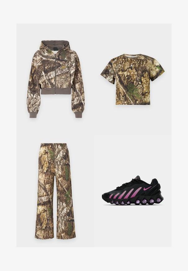Gevoerde zip-up jas met een bruin en groen camouflageboomschorsprint, geribbelde manchetten en tailleband, weergegeven op een witte achtergrond.; Korte mouwen shirt met een gedetailleerd camouflagepatroon van bruine en groene bosbast, met een klein wit logo op de borst.; Camo-broek met een wijd uitlopende pijp. Voorzien van een mix van aardse tinten bruin, groen, en texturen die lijken op boomschors en bladeren.; Zwarte en roze Nike sneakers met een bovenwerk van mesh, gebogen ontwerp en ronde paarse demping bij de zool en zijkanten.