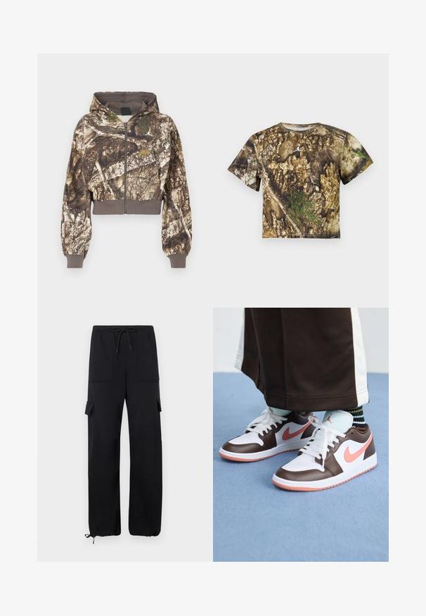 Veste à capuche zippée avec un imprimé camouflage écorce d'arbre brun et vert, poignets et taille côtelés, présentée sur un fond blanc.; Chemise à manches courtes avec un motif camouflage détaillé d'écorce de forêt en brun et vert, avec un petit logo blanc sur la poitrine.; Pantalons cargo noirs en tissu doux, dotés d'une taille à cordon de serrage, de deux poches avant et de poignets élastiqués aux chevilles.; Baskets Nike Air Jordan blanches et brunes avec des accents roses, présentant un design basse, des lacets blancs et une semelle en caoutchouc texturée.