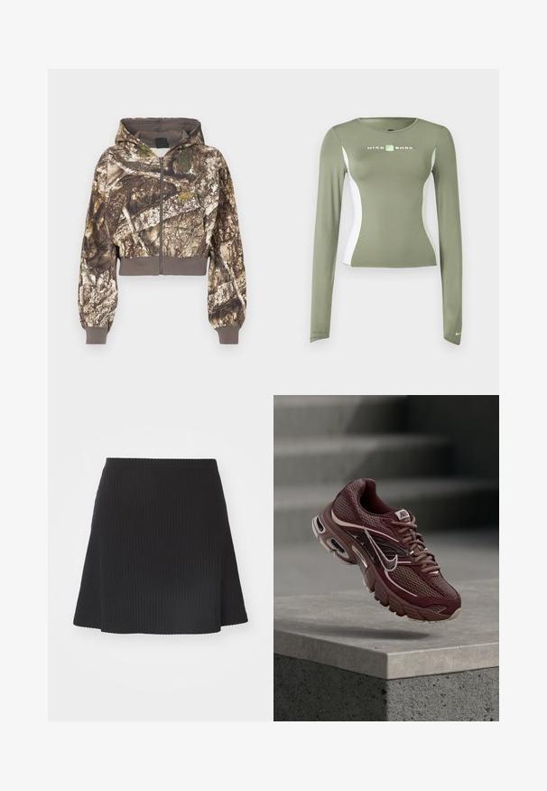 Kapütsiga lukuga jakki pruuni ja rohelise kamoflaažiga puutüve mustriga, ribidega mansetid ja vöökoht, esitlemine valgel taustal.; Õlivärvi rohelise pika varrukaga Nike Shox topp, valgete külgpaneelide ja neoonroheliste aktsentidega, keha järgiva lõikega ning väikese Swooshi logoga varruka mansetil.; Mustriva must kollane mini-seelik, millel on laienev ääreosa, tekstureeritud pind ja istuv vöö, valmistatud venivast kangast.; Pruunikas-punane Nike jooksujalanõu võrgukangaga, polsterdatud krae, paks tald ja valged aktsendid. Disainis on ümar nina ja silmatorkavad paelad.