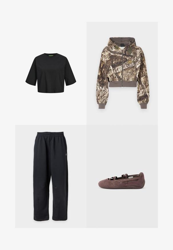 Kapuzensweatjacke mit braunem und grünem Tarnmuster, das Baumrinde darstellt, mit gerippten Bündchen und Bund, auf weißem Hintergrund dargestellt.; Schwarzes Baumwoll-Crop-Top mit rundem Ausschnitt, kurzen Ärmeln und einem grünen Etikett-Detail am Ausschnitt. Glatte, weiche Textur.; Schwarze locker sitzende Sweatpants mit elastischem Bund und kleinem weißem Logo auf der rechten Seite.; Brauner Ballerinaschuh aus Wildleder mit elastischen Riemen und strukturierter Sohle, in Seitenansicht vor hellem, einfarbigem Hintergrund gezeigt.