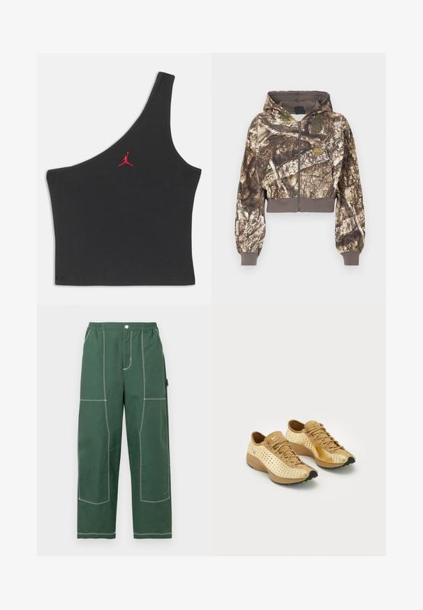 Veste à capuche zippée avec un imprimé camouflage écorce d'arbre brun et vert, poignets et taille côtelés, présentée sur un fond blanc.; Haut court noir à une épaule avec logo Jumpman rouge brodé au centre de la poitrine sur un fond uni.; Pantalon vert à jambes larges avec taille élastique, bouton frontal, grandes coutures blanches visibles et poche latérale à outils sur fond blanc.; Une paire de sneakers Nike Air beige et tan avec des détails perforés, des lacets et des semelles noires accentuées de petites taches vertes.